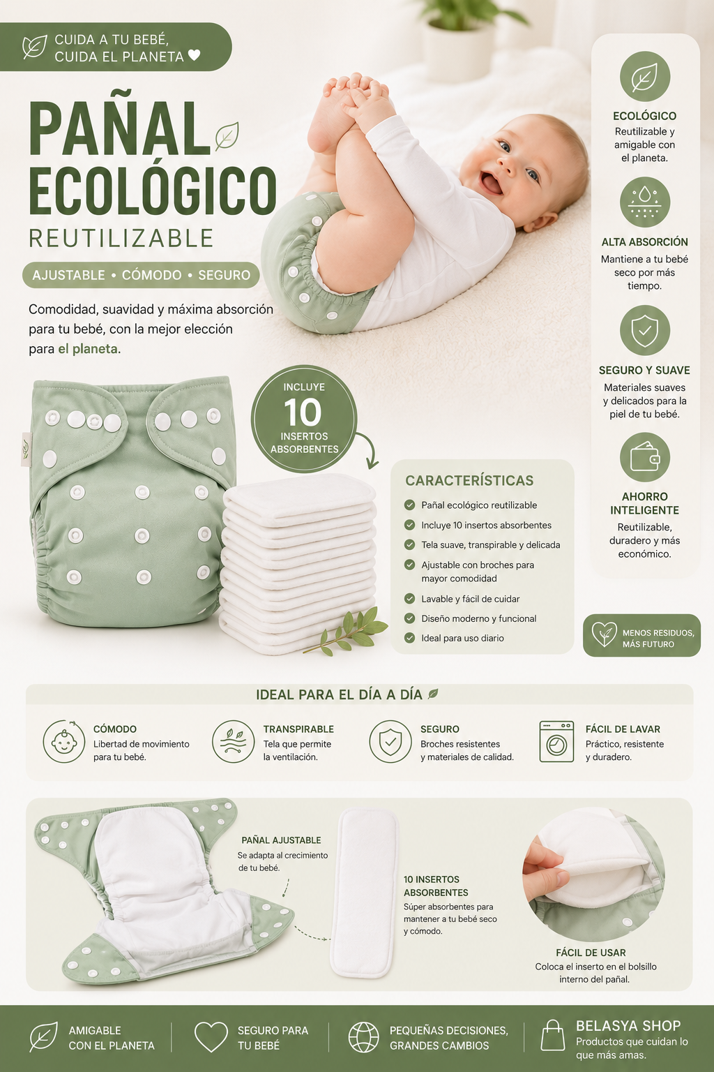 Pack pañal ecológico + 10und absorbentes