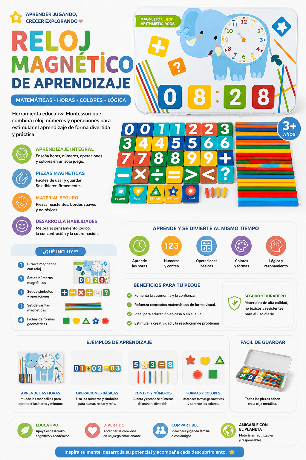 Aprendizaje reloj magnético preescolar Montessori
